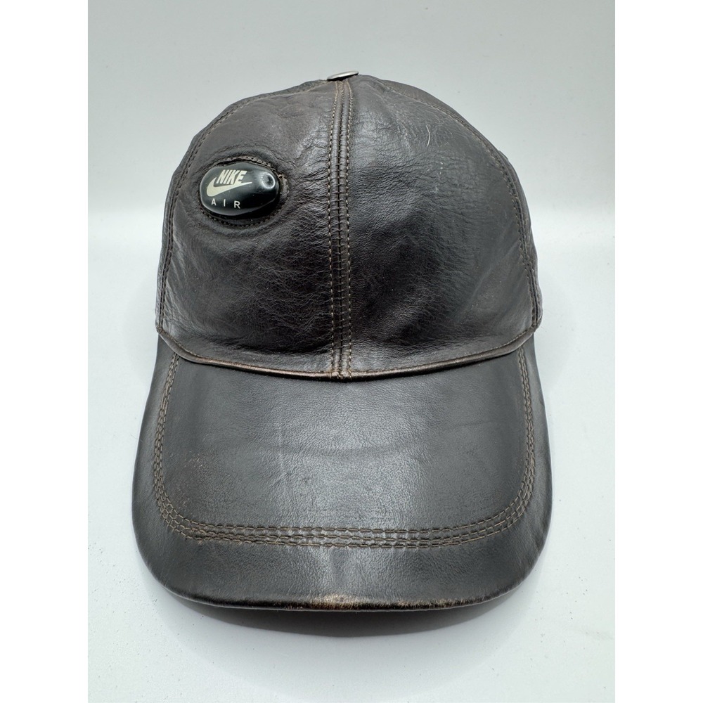 VTG Nike Air Leather Hat Brown Oval Swoosh Logo Strapback Cap 90s